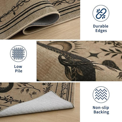 Garvee Snake Gothic Washable Kitchen Runner Rug 2x6 Dark Whimsical Unique Soft Thin Indoor Floor Mat for Bathroom Hallway Entryway Bedroom Indoor Decor Low Pile Non-Slip TPE Backing Taupe
