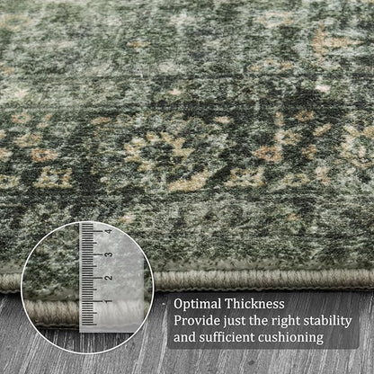 Morebes Vintage Throw Rugs, 3x5 Washable Rug Non Slip, Soft Area Rug for Bedroom, Distressed Non-Shedding Floral Rug for Entryway Bathroom Kitchen Foyer Bedside Playroom Christmas Decor,Dark Green