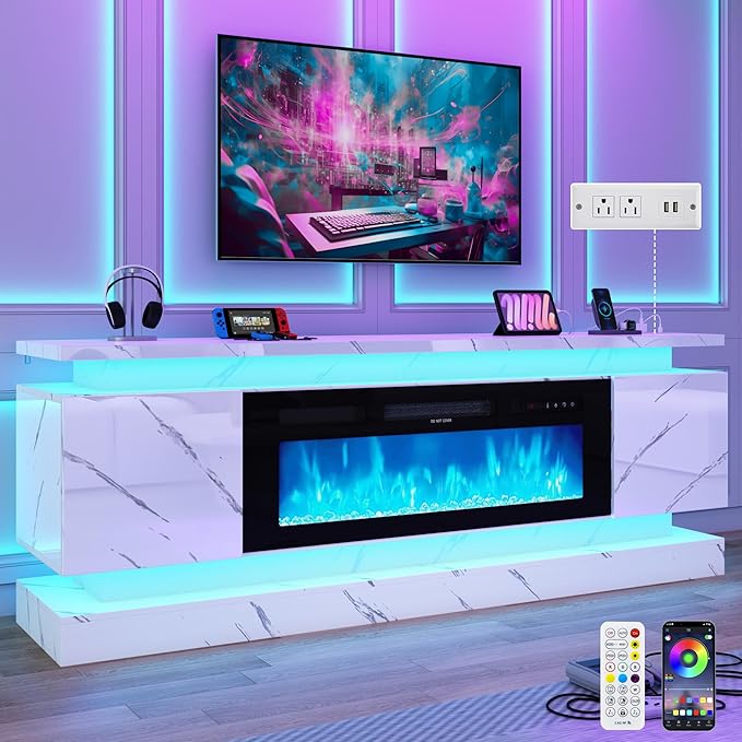 chartustriable 71IN LED TV Stands w/40 inch Fireplace Power Outlet for 85/80/75 Inch TVs,High Glossy Modern TV Media Console Gaming with 2 Storage Cabinets,Dual LED Lights,White Marble