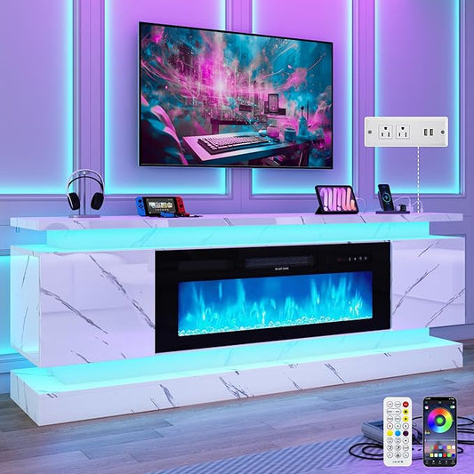 chartustriable 71IN LED TV Stands w/40 inch Fireplace Power Outlet for 85/80/75 Inch TVs,High Glossy Modern TV Media Console Gaming with 2 Storage Cabinets,Dual LED Lights,White Marble