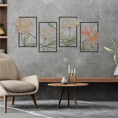 ESTART 4 Pieces Metal Lotus Wall Decor Abstract Floral Aesthetic Splicing Line Art Minimalist Wall Art for Bedroom Flowers Hanging Wall Sculpture for Bathroom Living Room Kitchen Yoga Room (Colorful)