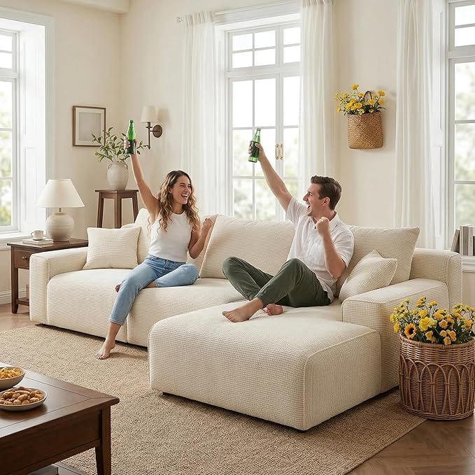 Homkdom L-Shaped Cloud Boneless Couch with Deep Seat, Modular Sectional Sofa with Oversized Chaise, 6 Layouts Combination for Living Room, Apartment, No Assembly (White Check, Right Facing Chaise)