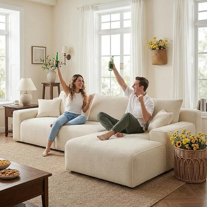 Homkdom L-Shaped Cloud Boneless Couch with Deep Seat, Modular Sectional Sofa with Oversized Chaise, 6 Layouts Combination for Living Room, Apartment, No Assembly (White Check, Right Facing Chaise)