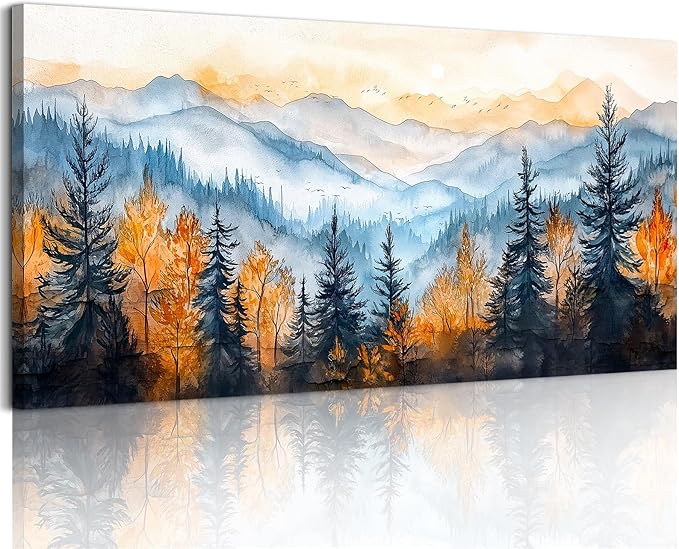 crmotu Mountain Wall Art, Forest Canvas Wall Art, Landscape Art Wall Decor, Autumn Pine Tree Aesthetic Nature Art Prints, Modern Watercolor Painting Wall Decor Living Room Bedroom Kitchen 20"X40"