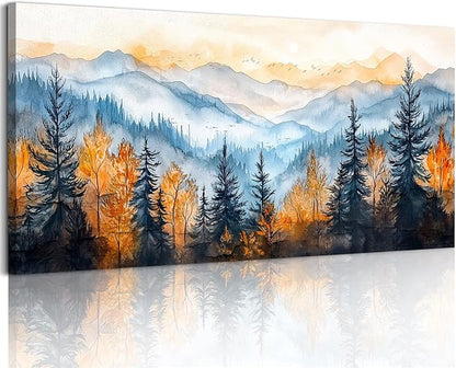 crmotu Landscape Wall Art, Mountain Wall Decor, Oversized Wall Art, Autumn Forest Scenic Watercolor Painting, Modern Pictures Wall Decor Living Room Bedroom Dining Room office Art Prints 29"X57"