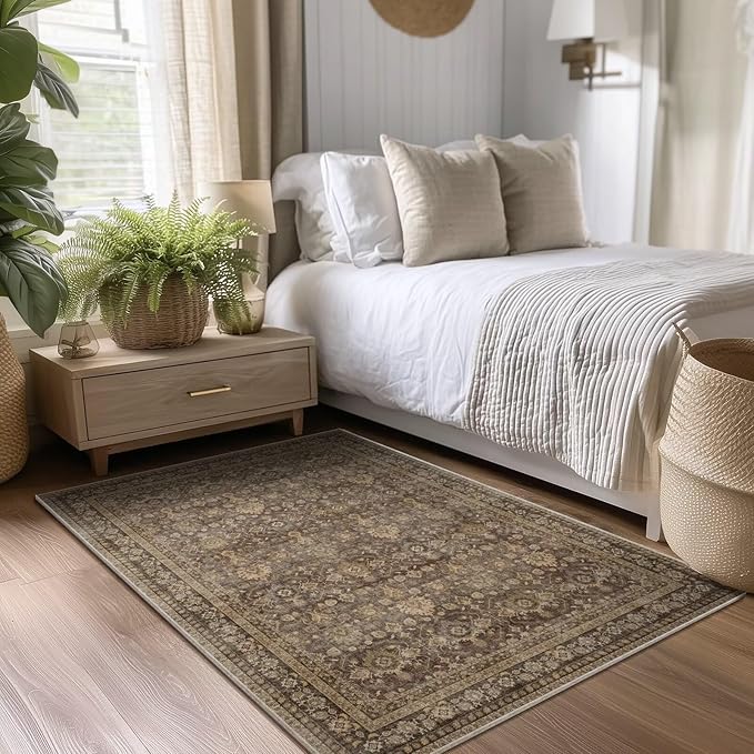 Washable 4x6 Rugs for Living Room, Boho Non-Slip Vintage Distress Small Rugs for Bedroom Nursery Office, 0.3" Neutral Oriental Throw Thin Carpet with Cushioning Pad, Red/Brown/Multi, C4