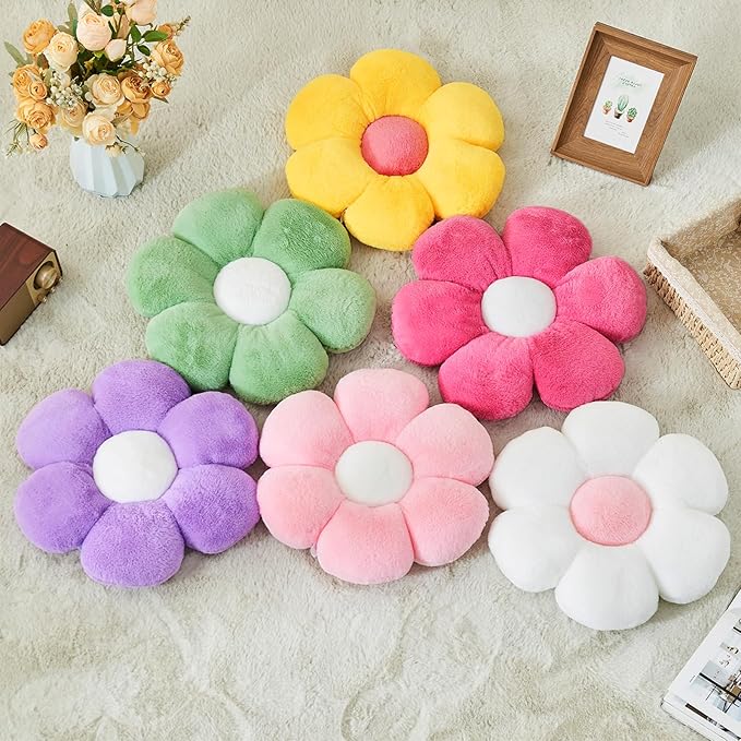 2 Pcs Flower Throw Pillow,15.7'' Daisy Flower Shaped Pillows Set with Faux Rabbit Fur,Soft Flower Plush Throw Pillow Cushions for Bed Sofa Couch Home Decor(White+Yellow)