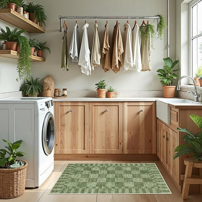 GarveeHome Moss Green Checkered Rug 2x3 Washable Rug Non-Slip for Entryway, Soft Low-Pile Small Area Rugs,Beige Neutral Modern Geometric Rugs for Kitchen
