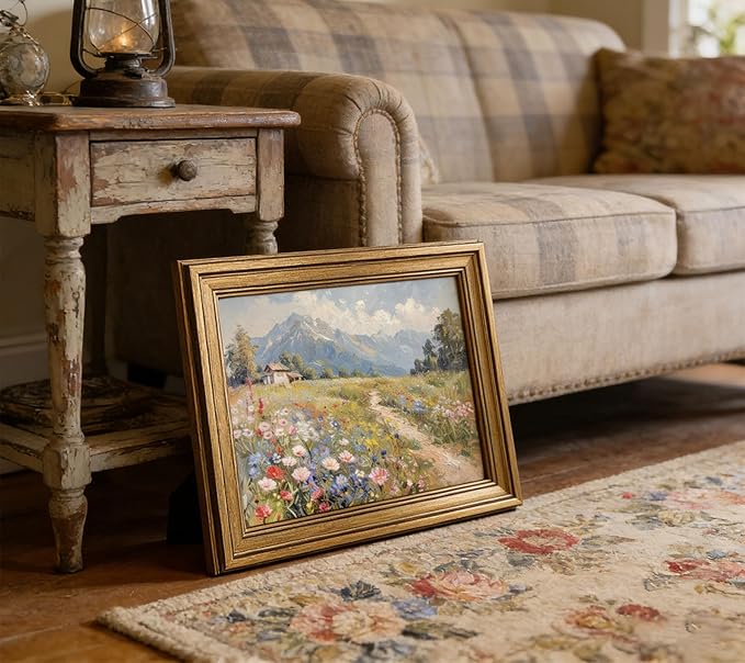 Vintage Gold Framed Colorful Wildflowers Canvas Wall Art, Mountain Landscape Poster Print Artwork, Nature Scenery Painting Picture Wall Decor, for Living Room, Bedroom, Home Decoration, 12x16in