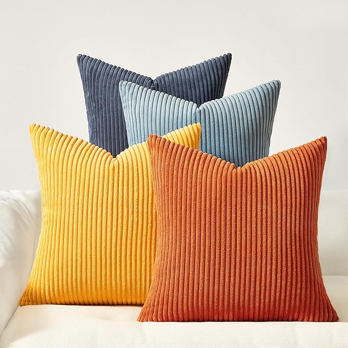 Topfinel Burnt Orange and Blue Couch Pillows Pack of 4 Decorative 16x16 Inch Velvet Pillow Covers for Bed Accent Modern Corduroy Pillowcase Sofa Livingroom Home Decor