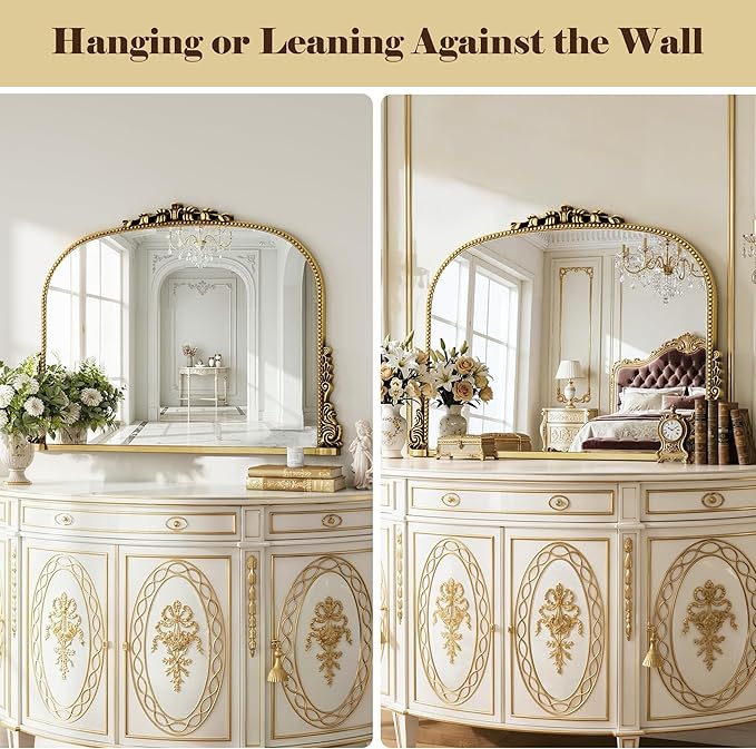26x38 inch Vintage Arched Gold Ornate Baroque Mirror - Wall Vanity Mirror with Beautiful Retro Top and Bottom Engraving Process Frame for Bathroom, Living Room, Fireplace, Entryway, HD Tempered Glass