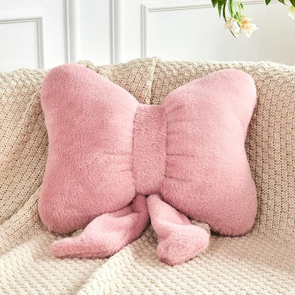 XVTRU Dusty Pink Bow Pillow, Soft Bow Decorative Pillows with Faux Rabbit Fur, Cute 12" Bow Throw Pillows, Aesthetic Home Decor Bow Shaped Plush Pillow for Bedroom Sofa Couch