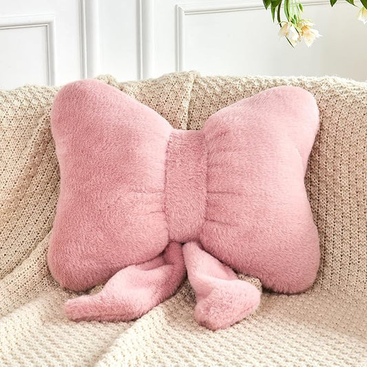 XVTRU Dusty Pink Bow Pillow, Soft Bow Decorative Pillows with Faux Rabbit Fur, Cute 12" Bow Throw Pillows, Aesthetic Home Decor Bow Shaped Plush Pillow for Bedroom Sofa Couch