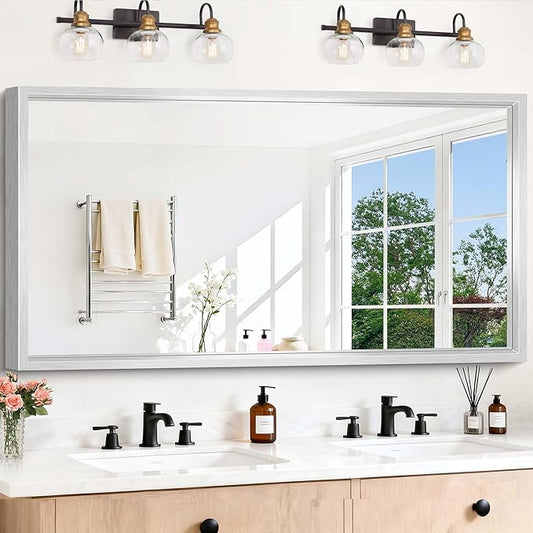 60"x28" Brushed Silver Bathroom Mirror, Large Rectangular Mirror for Wall, 0.6" Thickened Deep Frame Mirrors for Bathroom Sink, Shatterproof Tempered Glass, Antirust, Horizontally or Vertically