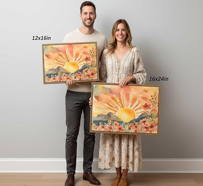 Framed Boho Sun Canvas Wall art Mid-Century Modern Abstract Bohemian Sunset in The Mountains Watercolor Wildflowers Sunrise Landscape Picture Wall Decor Poster Print Artwork for Living Room
