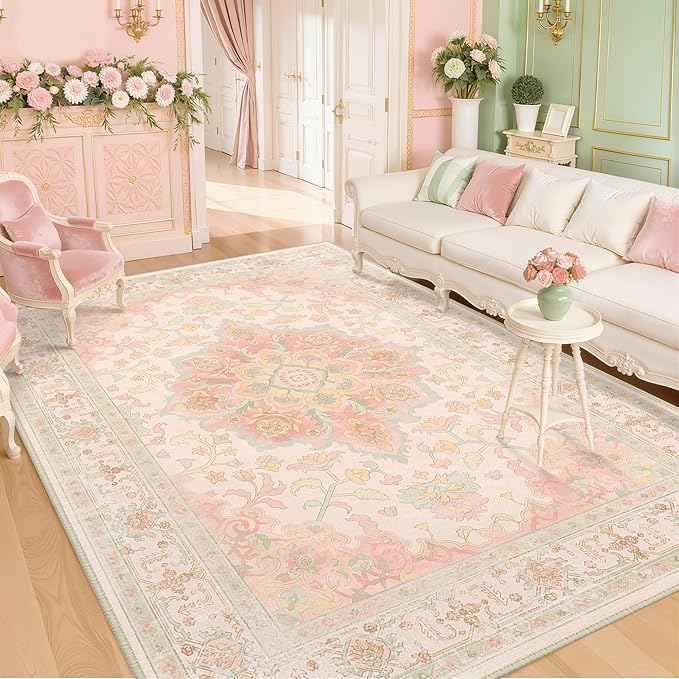 CAPALOCA Machine Washable Rugs Nursery Rug 8x10 Cute Girl Non Slip Low Pile Water Repellent Soft Print Pattern for Bedroom Indoor Decor Kids Playroom Pink Green