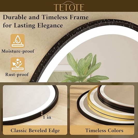 TETOTE Round Led Lighted Bathroom Mirror Matte Black Frame 36 Inch Front and Backlit Circle Round Light up Vanity Mirror with Lights, 3 Color Illuminated Dimmable Anti Fog Wall Mount, IP54 CRI 90+