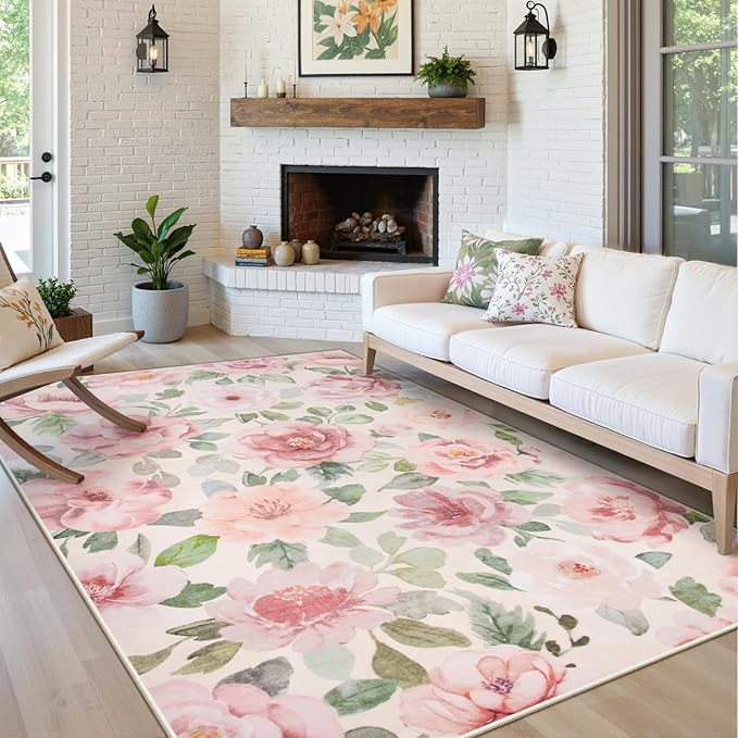 Lahome Floral Nursery Rug 5x7 Area Rugs,Soft Boho Pink Rugs for Bedroom Girls,Low Pile Large Living Room Rug, Home Decor Carpet for Dining Room Kids Playroom Farmhouse, Beige/Multi