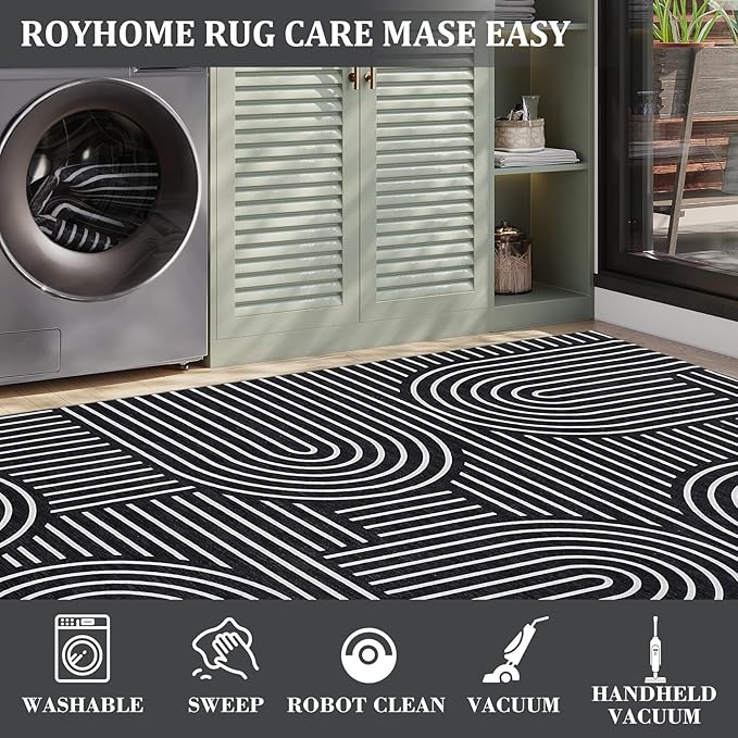 ROYHOME Washable Rug 5x7 Area Rugs for Living Room, Abstract Rug for Bedroom, Soft Rainbow Non Slip Throw Rugs with Rubber Back, Low Pile Stain Resistant Boho Geometric Carpet for Dining Room, Blue