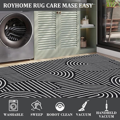 ROYHOME Washable Rug 5x7 Area Rugs for Living Room, Abstract Rug for Bedroom, Soft Rainbow Non Slip Throw Rugs with Rubber Back, Low Pile Stain Resistant Boho Geometric Carpet for Dining Room, Blue