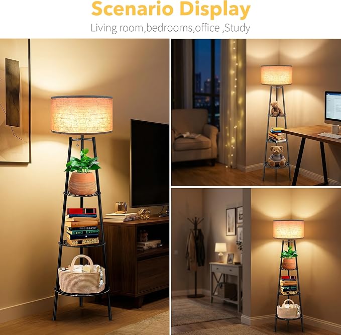 ZQQLITE Floor Lamp with Shelves for Living Room， Standing Lamp，Tall Lamp， Amparas Elegantes para Sala with Linen Shade，Modern Floor Lamp for Living Room，Bedroom or Office（Black ）