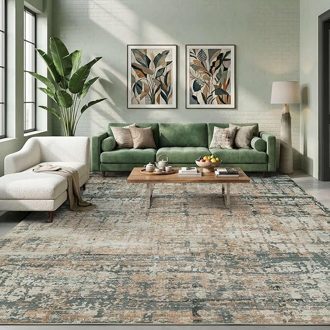 Rugxara 10x14 Extra Large Washable Area Rug, Soft Abstract Vintage Rug for Living Room, Bedroom, Office, Farmhouse, Low Pile Imitation Wool Non Slip Carpet Ideal for High-Traffic Areas, Moss