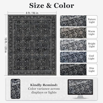 Vintage Dark 8x10 Area Rugs for Living Room, Retro Earth Tone Carpet Rug for Bedroom Dining Room, Low Pile Thin Washable Non Slip Room Carpet Rug for Home Office Guest Room Family Room
