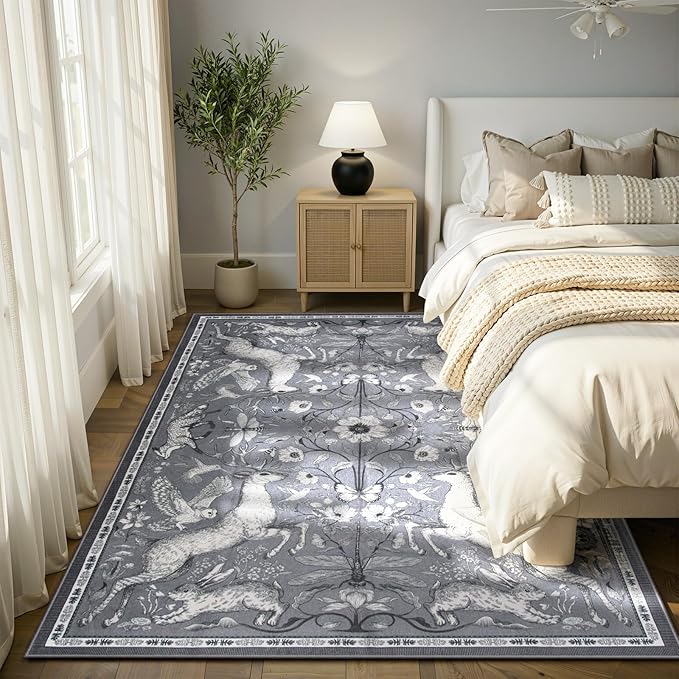 Lahome 5x7 Washable Deer Rug, Dorval Boho Woodland Vintage Area Rug, Non Slip Low Pile Soft Grey Carpet for Living Room Bedroom Nursery Dining Room Kitchen Farmhouse Home Decor