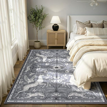 Lahome 5x7 Washable Deer Rug, Dorval Boho Woodland Vintage Area Rug, Non Slip Low Pile Soft Grey Carpet for Living Room Bedroom Nursery Dining Room Kitchen Farmhouse Home Decor