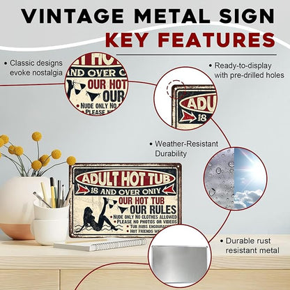 Hot Tub Vintage Tin Sign Adult Hot Tub Metal Sign Indoor Outdoor Funny Signs for Backyard Decor Signs 8x12inch