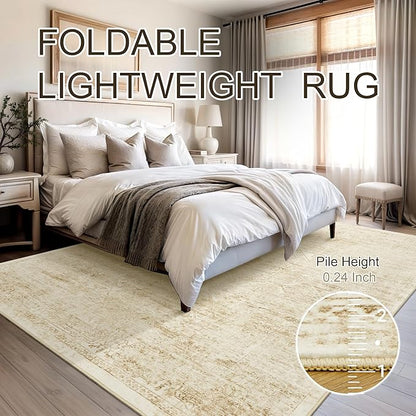 Soalmost Washable Area Rug 10x14, Large Soft Rugs for Living Room Vintage Beige Rug 10x14 Area Rugs for Bedroom Dining Room Floral Non-Slip Thin Rug