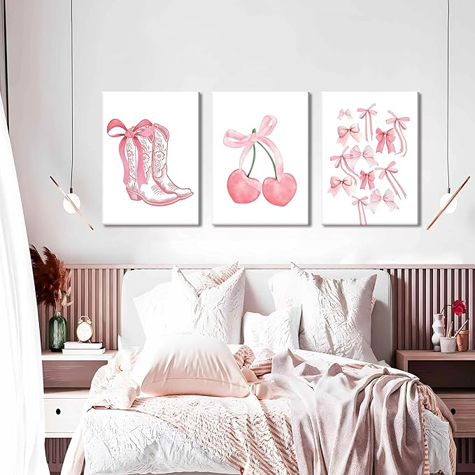 Fashion Pink Bows Wall Art Set of 3, Preppy Watercolor Cherry Cowboy Boots Wall Decor Posters, Cute Aesthetic Room Decor Canvas Prints Picture for College Girl Apartment Bedroom 16x24 Inch Framed
