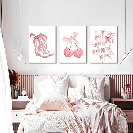 Fashion Pink Bows Wall Art Set of 3, Preppy Watercolor Cherry Cowboy Boots Wall Decor Posters, Cute Aesthetic Room Decor Canvas Prints Picture for College Girl Apartment Bedroom 12x16 Inch Framed