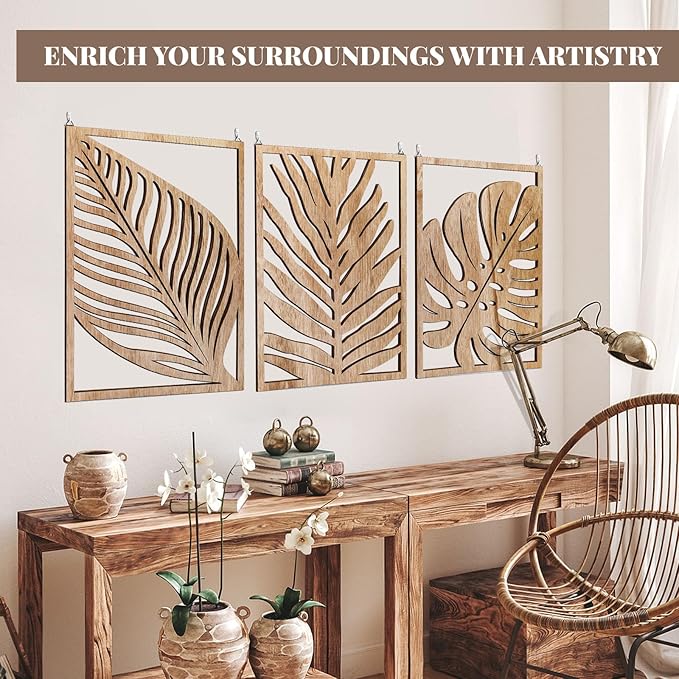 3PCS Tropical Wall Art, Wall Art Decor Leaf Sign Wall Vintage Tropical Plant Wall Rustic Palm Leaf, Modern Wooden Wall Sculptures for for Living room, Bedroom, Office, Wood Decor Accents, Home Decorations(16.5x 12.6x0.2in)