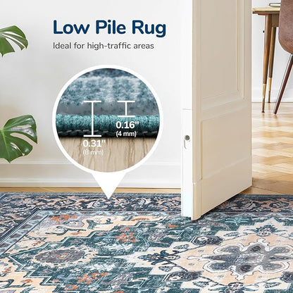 Lessymo Area Rug 5x7, Machine Washable Area Rugs, Super Soft Faux-Wool Area Rugs for Living Room Bedroom Kitchen, Boho Vintage Floral, Non-Slip Low Pile, Kid & Pet Friendly, Dark Green
