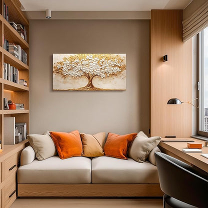 crmotu Tree of Life Large Wall Art, Blooming Flower Tree Art Prints, White Gold Abstract Landscape Paintings, Modern Trendy Home Wall Decor Living Room Bedroom Above Bed Canvas Pictures 20x40 Inch