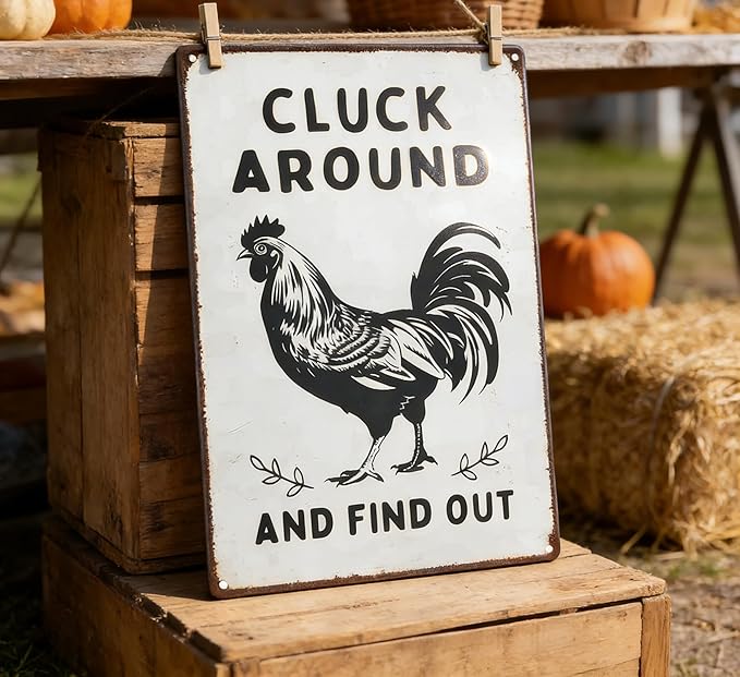 Funny Chicken Metal Sign Cluck Around and Find Out Tin Sign Fun Rooster Tin Signs Decor Rustic Farmhouse Sign for Farm Chicken Coop Farmhouse Kitchen Yard Fence 8 X 12 Inch