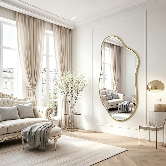 POZINO Large Irregular Beveled Mirror, 63"x31.5" Premium Asymmetrical Full Length Mirror with Gold Metal Frame, Organic Wall Mirrors for Living Room Bedroom Hallway Entryway, Horizontal/Vertical