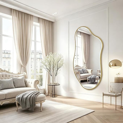 POZINO Large Irregular Beveled Mirror, 63"x31.5" Premium Asymmetrical Full Length Mirror with Gold Metal Frame, Organic Wall Mirrors for Living Room Bedroom Hallway Entryway, Horizontal/Vertical