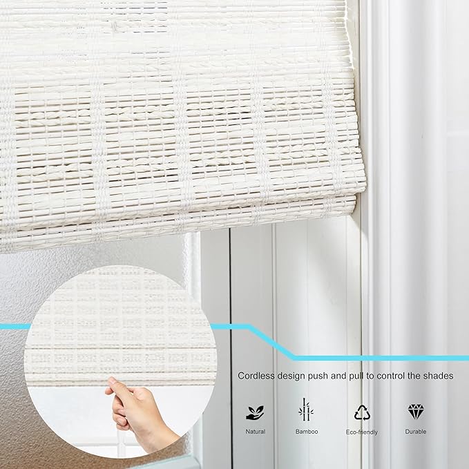 Motorized Bamboo Roman Shades, Motorized Blinds with Remote Compatible with Homekit, Alexa GoogleHome, Smart Wood Woven Shades for Indoor Windows, Customize, White Current
