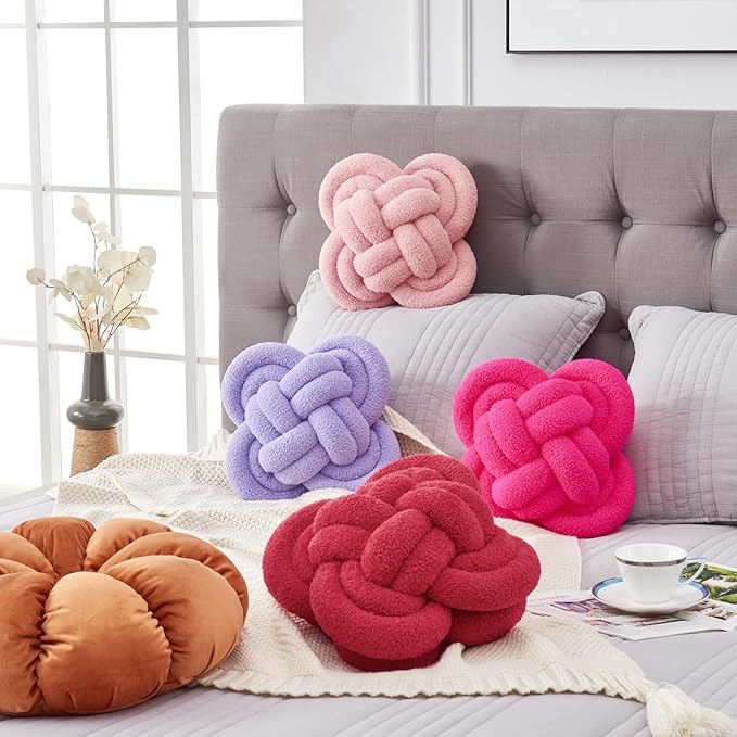 Knot Pillow, 12" Soft Decorative Throw Pillows for Couch Bed, Gray Pink Knotted Plush Throw Pillow Handmade Square Cushion Home Decor Pillows (Gray Pink, 12 Inches X12 Inches)