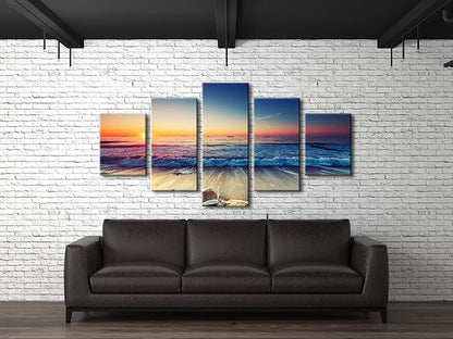 Pyradecor 5 Piece Large Modern Seascape Artwork Gallery Wrapped Ocean Sea Beach Pictures Canvas Prints Waves Paintings on Canvas Wall Art for Living Room Bedroom Home Decorations L