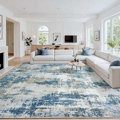 Area Rug 9x12 Living Room Rug Washable: No-Slip Abstract Soft Thin Large Blue Rugs, Indoor Floor Stain Resistant Modern Carpet for Bedroom Dining Room Farmhouse Nursery Home Office (Blue, 9'x12')