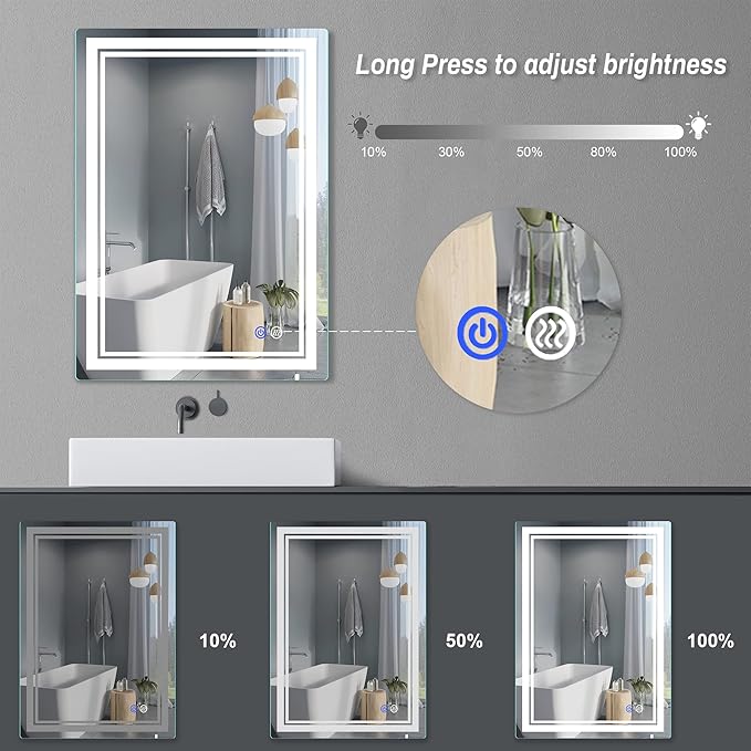 28"x 20" LED Bathroom Mirror Vanity Mirror, Anti-Fog, Dimmable, Color Temperature Adjustable 3000-6000K, Switch-held Memory Led Wall Mirror Suitable for Bathroom, Vanity (Vertical/Horizontal)