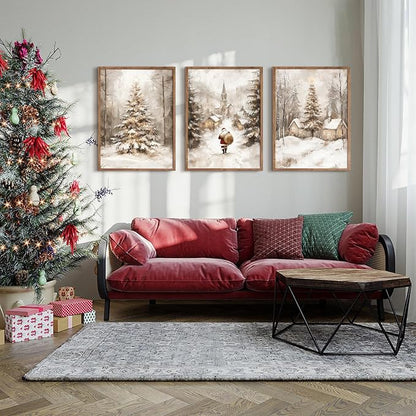 Christmas Wall Art Decor Winter Santa Pictures Vintage Christmas Canvas Poster Snowy Pine Trees Wall Art Xmas Forest Prints Santa Claus Painting Artwork for Bedroom Living Room 12x16x3 Inch Unframed