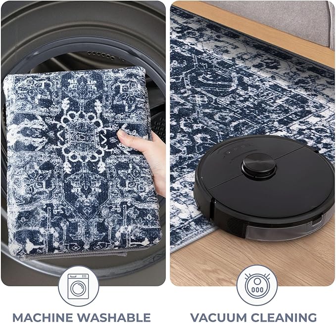 KOZYFLY Boho Area Rug 3x5 Ft Rugs for Entryway Washable Entry Rug Non Slip Door Mat Indoor Entrance Printed Faux Wool Throw Rugs for Entrance Kitchen Living Room, Navy/Grey