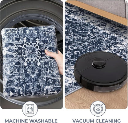 KOZYFLY Boho Area Rug 3x5 Ft Rugs for Entryway Washable Entry Rug Non Slip Door Mat Indoor Entrance Printed Faux Wool Throw Rugs for Entrance Kitchen Living Room, Navy/Grey