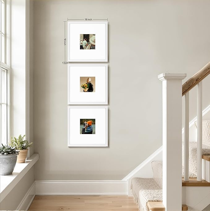 eletecpro 18x18 Picture Frames Set of 9, Classic Gallery Wall Frame Set for 8x8 Photos with Mat or 18x18 without Mat, Storyline Picture Frame for Art Prints, White Poster Frames for Home Decor Wall