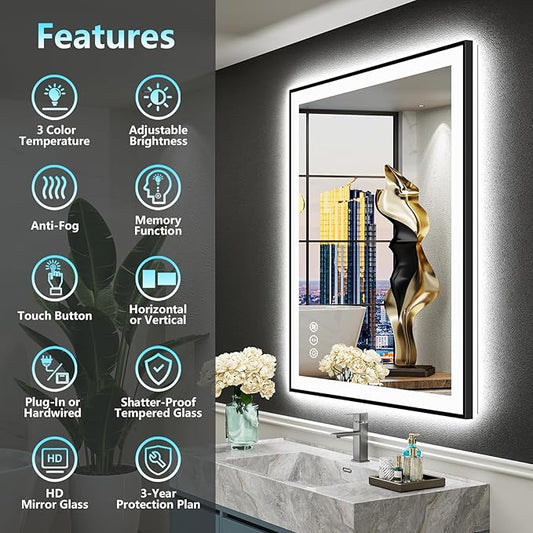36x36 Black Framed LED Bathroom Mirror with Lights, Backlit and Front Lit Anti-Fog Lighted Vanity Mirrors for Bathroom Wall, Dimmable, 3 Colors, Memory, HD Tempered Glass, Horizontal/Vertical