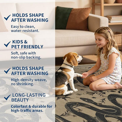 Garvee Snake Gothic 9x12 Area Rug Dark Whimsical Moody Witchy Unique Soft Thin Large Carpet for Living Room Bedroom Dining Room Playroom Indoor Decor Low Pile TPE Backing Taupe